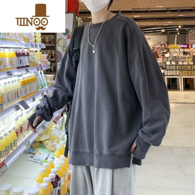 YANXU长袖t恤男宽松圆领纯色百搭上衣港风痞帅休闲打底衫韩版卫衣图片