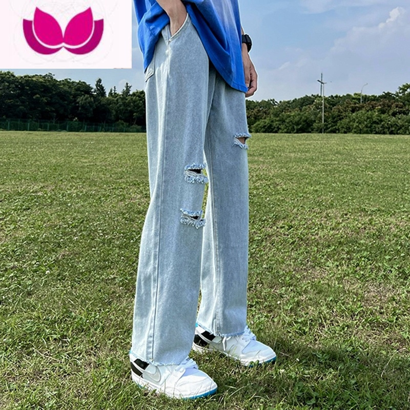 七斓破洞牛仔裤男士黑色高街潮牌休闲直筒美式夏季男生长款裤子