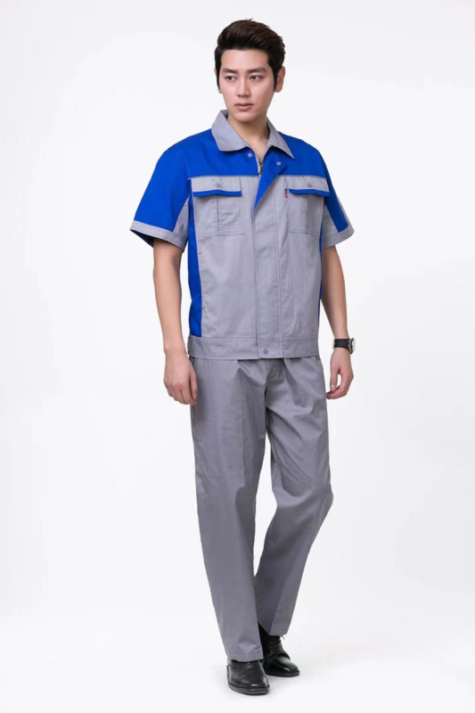 尹潮 XM-302夏季薄款反光条纯棉短袖工作服套装 藏青+红色 M码/套高清大图