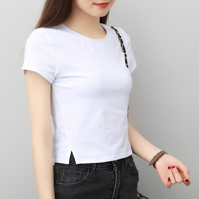 夏季短袖t恤女短装百搭打底衫短款漏肚脐棉体恤显瘦开叉上衣潮