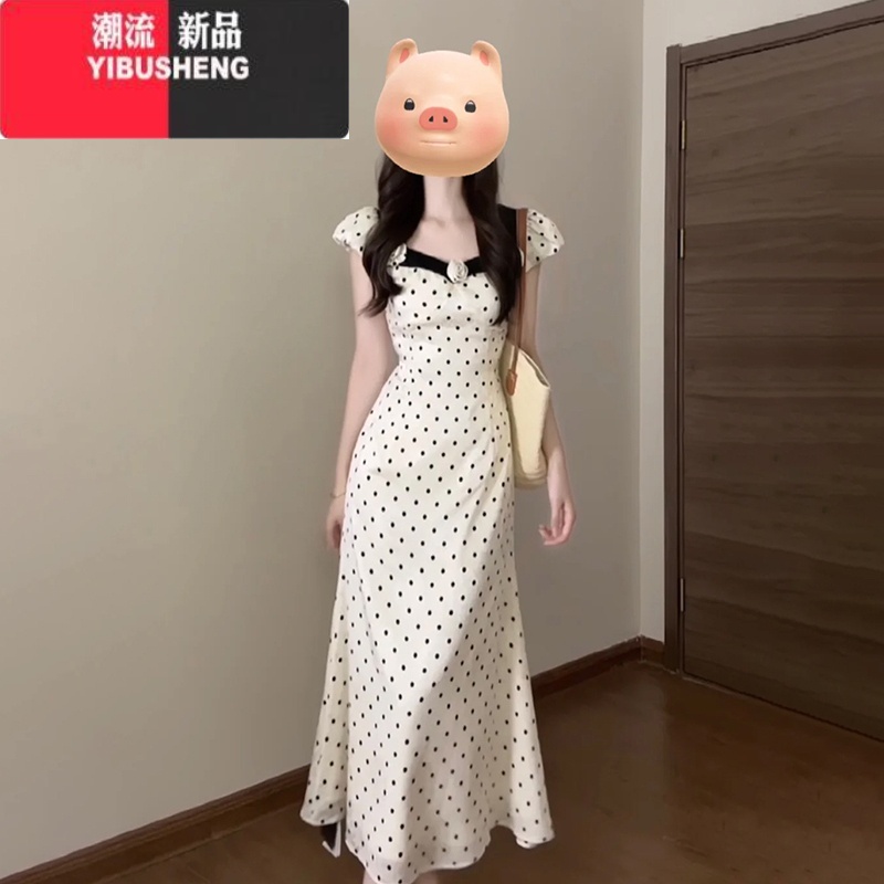 YIBUSHENG今年流行法式收腰显瘦高级感白色波点连衣裙子长裙女季新长 45/55kg/M 杏色高端精致连衣裙/简单大方连衣裙/今年流行的漂亮裙子/白色