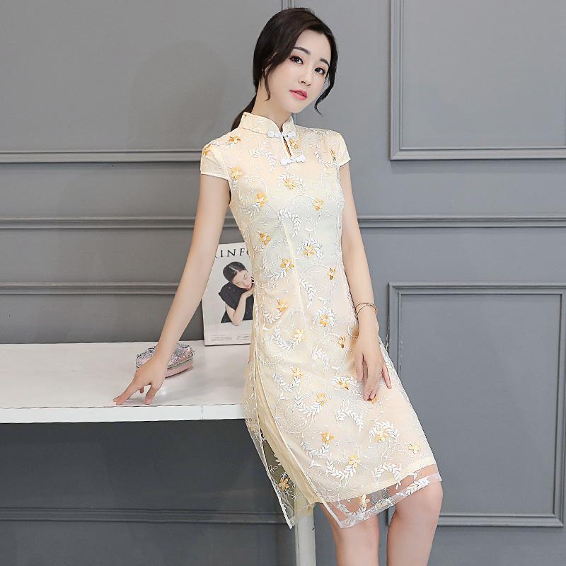 低领少女改良版刺绣旗袍2017新款夏时尚中长修身淑女连衣裙a字裙