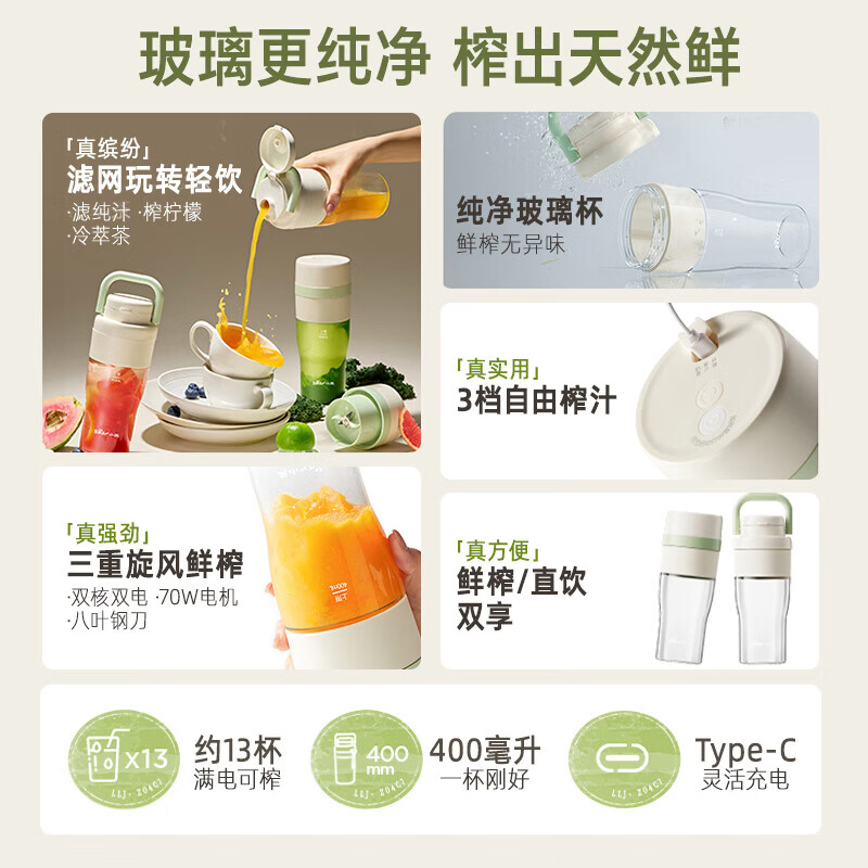 小熊(Bear)便携式榨汁机家用水果小型充电迷你榨汁杯高清大图