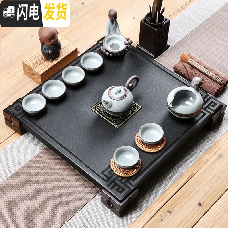 三维工匠鸡翅实木茶盘紫砂壶功夫茶具套装家用整代排水简约茶台 鸡翅木四方聚福单盘 2件高清大图