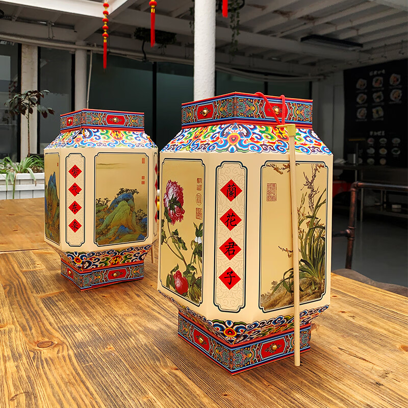 福人福地儿童手工DIY纸灯笼镂空发光DIY八角宫灯(礼盒对装)-(千里江山图+花卉图)1对装DG.22.01.03h