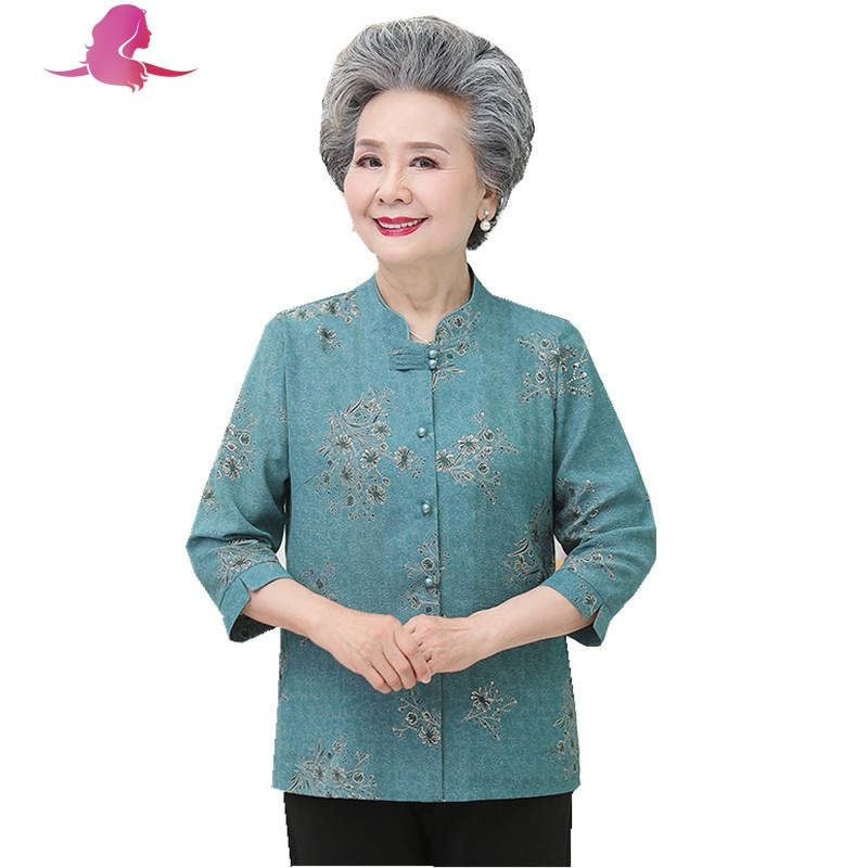 艳如飞老年人妈妈夏装衬衫女两件套奶奶春装上衣套装70-80岁老太太衣服套装