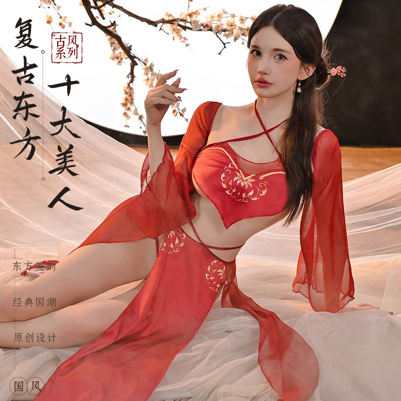 九里晴川古风情趣内衣古风轻薄汉服民国风诱惑刺绣免脱纯欲睡衣 九里晴川TZ094[古风套装-紫粉色] 均码高清大图