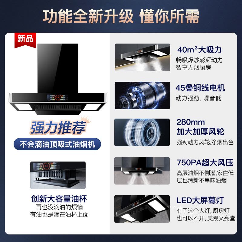 [保5年]欢呼好太太 升降款抽油烟机欧式 顶吸式T型40立方脱排直吸自动清洗家用厨房吸油机排烟罩上门安装T168图片
