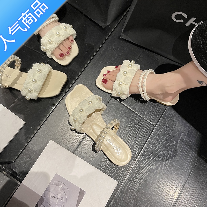 SUNTEK小香风拖鞋女夏外穿2023年新款珍珠平底低跟两穿超火仙女法式凉鞋高清大图