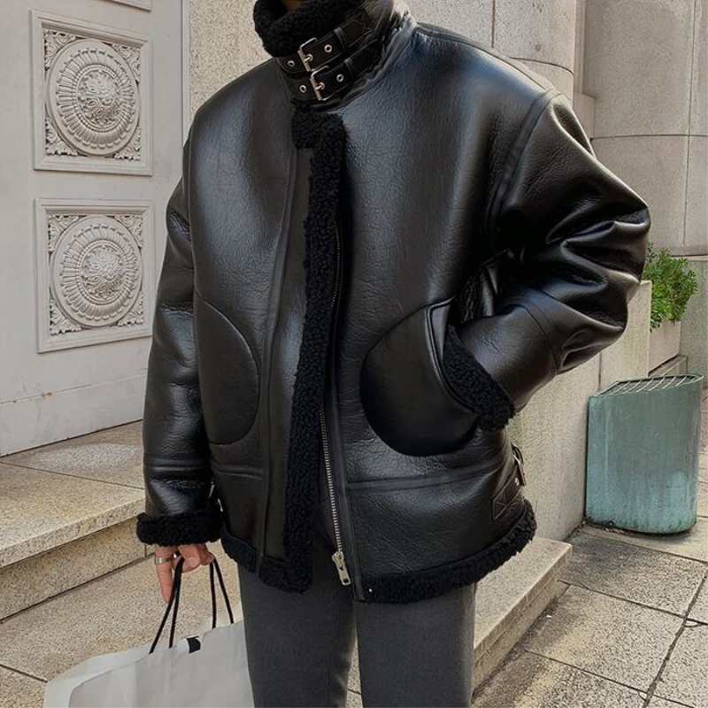 茜靓CHYLLIRN美式机车加厚咖啡色棉服冬季羊毛羔外套男加绒夹克冬装棉衣男
