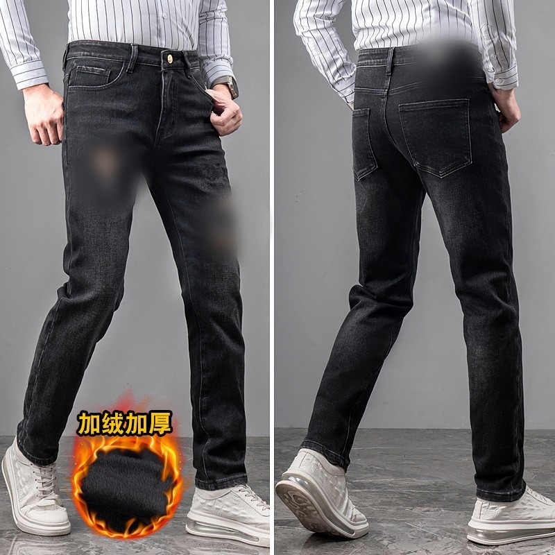 新品欧货牛仔裤修身款男潮流时尚轻奢加绒保暖弹力刺绣长裤子高清大图