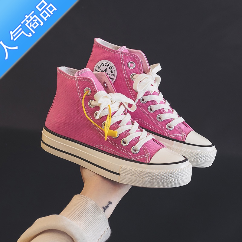 SUNTEK2023夏季新款玫红色高帮少女粉色帆布鞋女平底百搭经典ins休闲潮高清大图