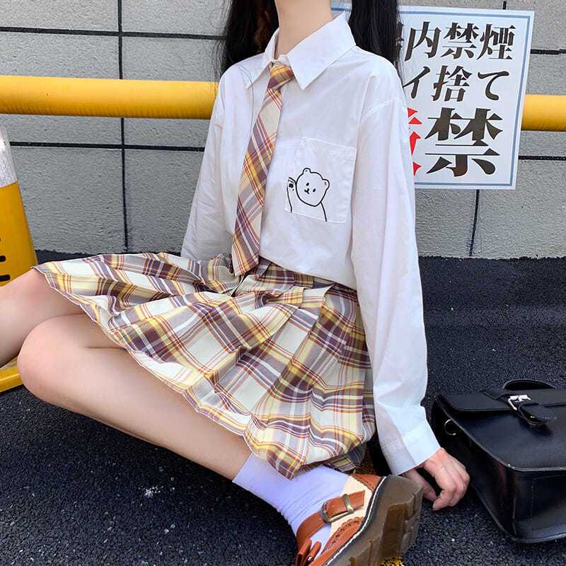 小清新套装女2021夏季新款衬衫短袖jk制服高腰百褶裙半身裙两件套 黄色格子裙 S