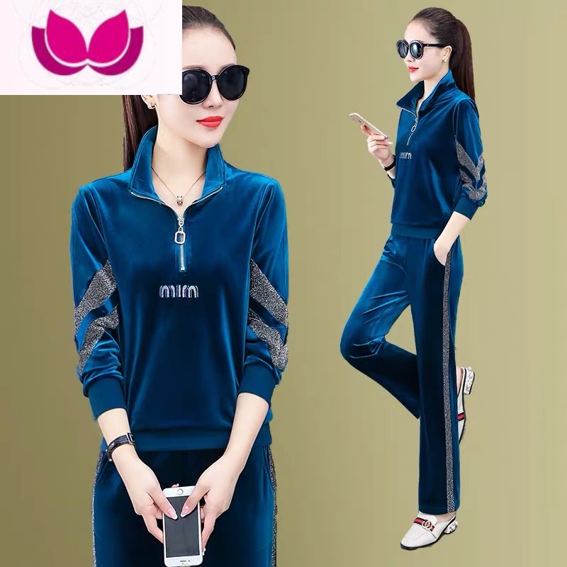 七斓高端金丝绒休闲运动服套装女2022新款时尚减龄洋气立领套 401#孔雀蓝 4XL(建议160-175斤