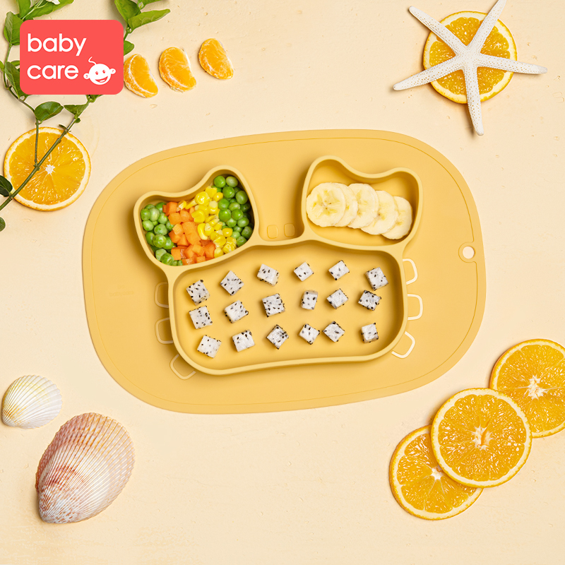 babycare宝宝餐盘吸盘碗分格盘卡通硅胶防摔辅食碗可爱儿童餐具 2328硅胶分格餐盘-布拉诺螃蟹小号 洛克黄
