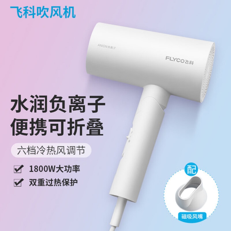 飞科 FLYCO 电吹风机负离子护发家用磁吸卡扣随机发货可折叠FH6276 白色1800W