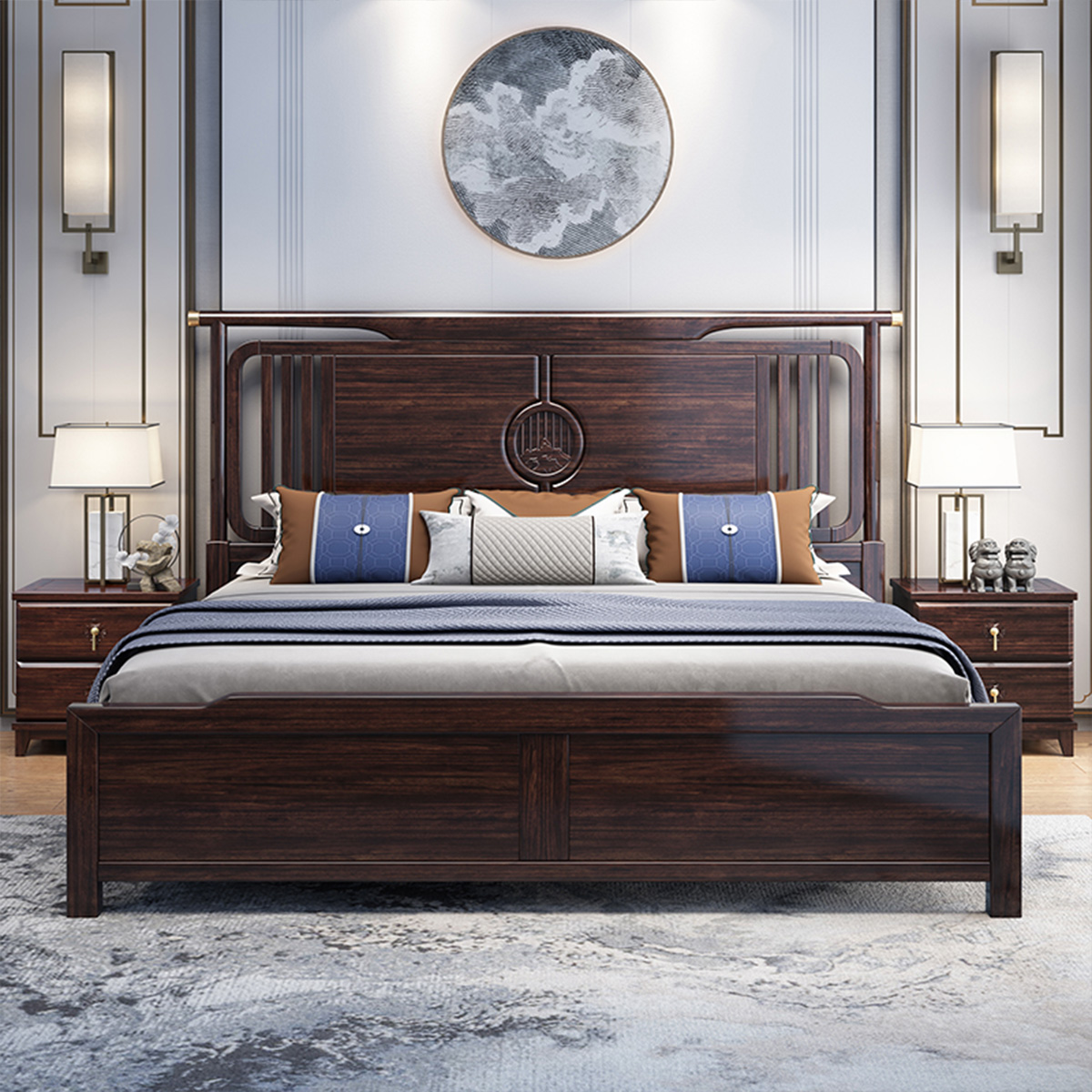 月影梳桐新中式实木床紫金檀木双人红木1.8米大床原木雕花主卧室家具