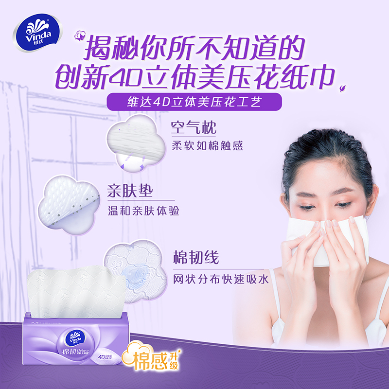 维达棉韧立体美4D压花抽纸3层M码100抽20包 家用实惠装餐巾纸面巾纸卫生纸纸巾(整箱销售)(新旧包装交替发货)高清大图