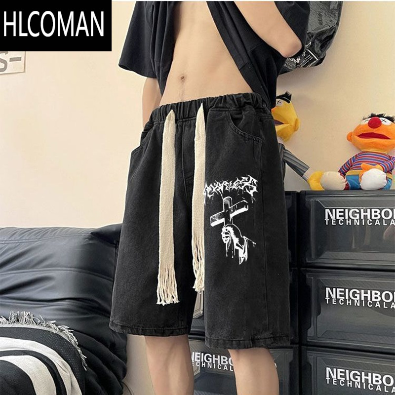 HLCOMAN牛仔短裤男薄款夏季港风街头嘻哈潮流水洗宽松大码中裤休闲五分裤
