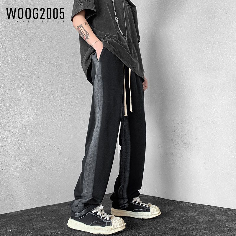 WOOG2005 牛仔裤男宽松拖地长裤侧边条纹阔腿休闲裤ins港风百搭潮