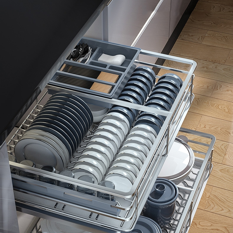 法耐拉篮厨房橱柜双层调味拉蓝304不锈钢碗柜轨道滑轨碗碟抽屉式碗篮