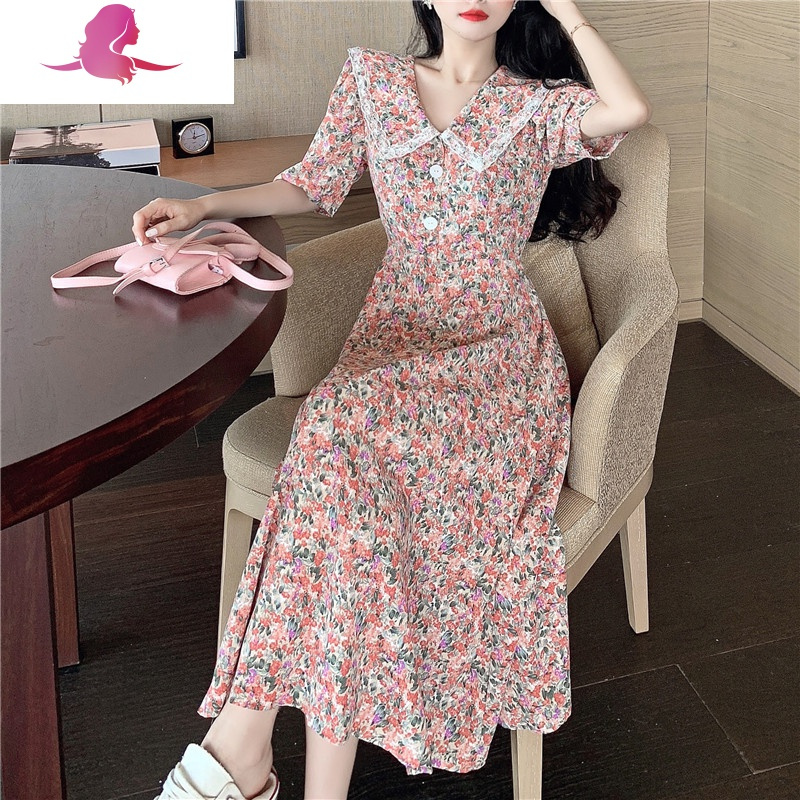 艳如飞大码女装中长款碎花大摆连衣裙女夏装胖妹妹短袖V领过膝长裙200斤大码女装
