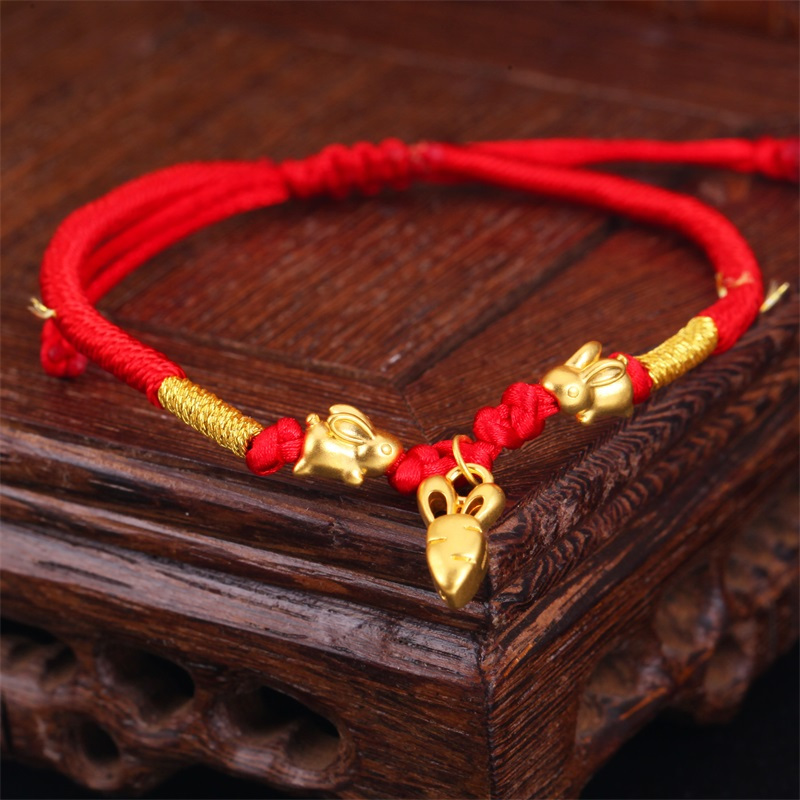 新金珠宝足金生肖兔手链女红色编绳手绳黄金手饰保卫萝卜1042