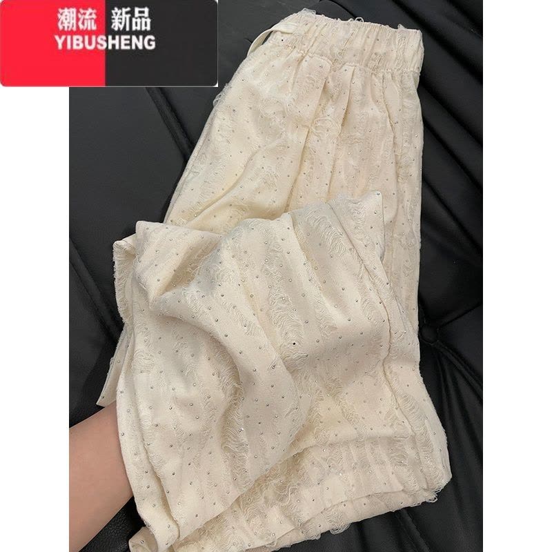 YIBUSHENG破洞烫钻粉色裤子女季薄款松紧腰抽绳显瘦阔腿裤垂感防晒休闲裤图片