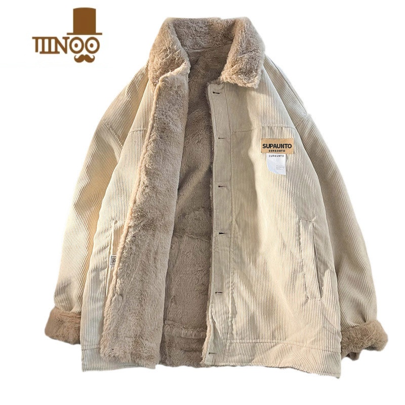 YANXU日系复古灯芯绒棉服男冬季加绒加厚羔毛外套翻领贴标设计感棉袄高清大图