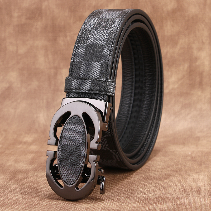 aiguu牛皮皮带男士真皮h扣格子自动扣头层纯牛皮青中年商务百搭裤腰带