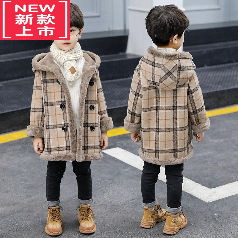 可莉允男童毛呢外套秋冬装2022新款中大童男孩加绒加厚中长款呢子大衣潮棉服