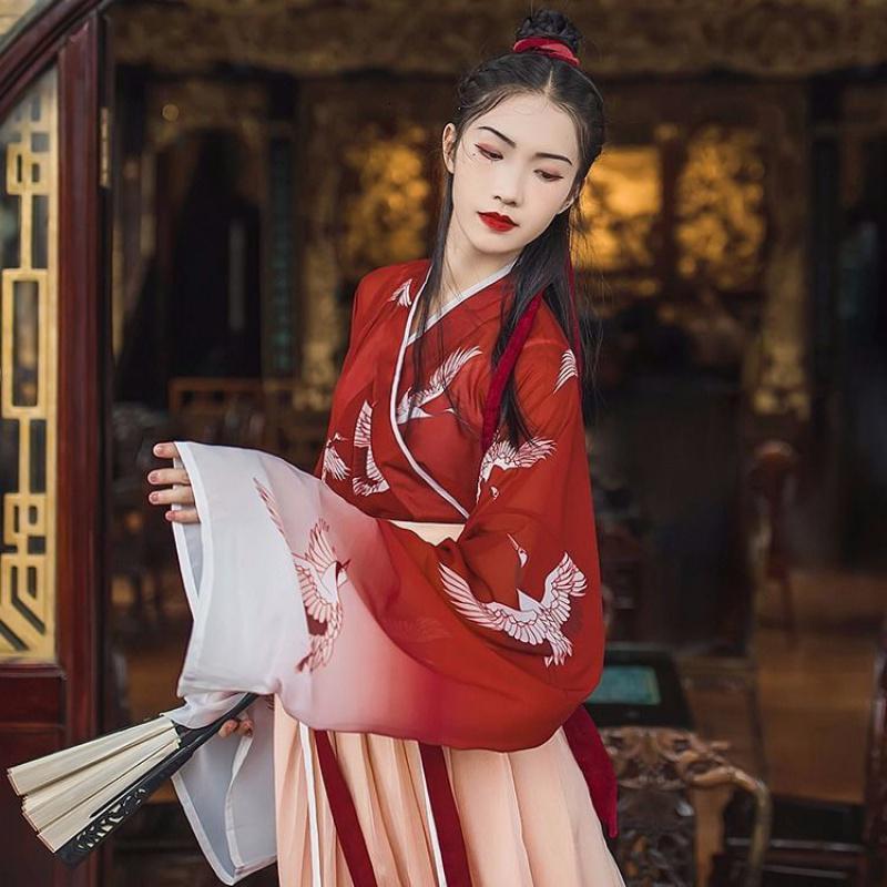 汉服女装襦裙仙女裙中国风学生一点春汉服女齐腰襦裙交领仙鹤直袖渐变超仙女裙学生日常古装套装