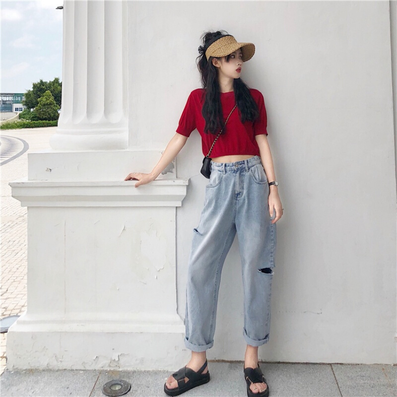 2018夏季新款韩版休闲百搭高腰牛仔裤女复古宽松显瘦裤子学生长裤图片色