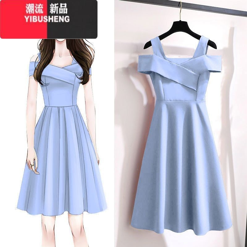 YIBUSHENG大码胖mm遮肚显瘦休闲露肩连衣裙子女2024年装新款收腰裙子女