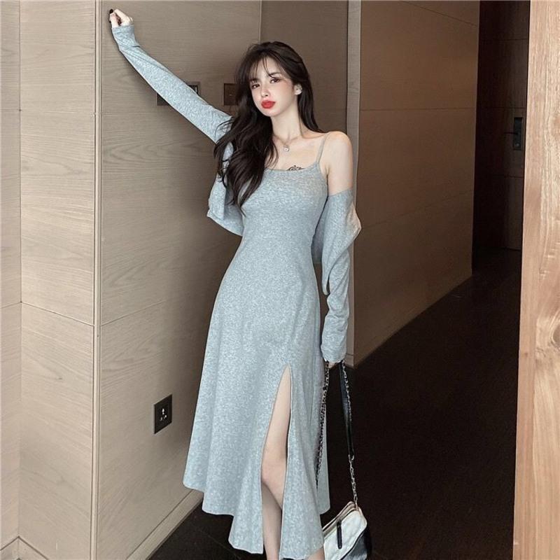 气质女神连帽开衫吊带裙收腰显瘦紧身性感开叉中长款连衣裙两件套