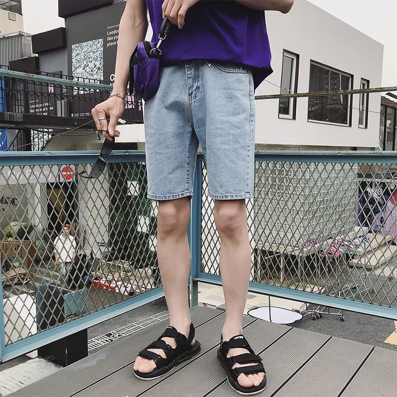 港风牛仔短裤男潮夏款薄款浅色5分中裤大码牛仔裤男士五分裤夏天