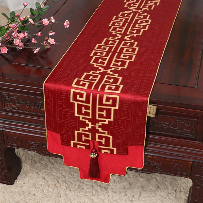 美帮汇新中式古典玉桌旗茶几长条布艺中国风桌布床柜旗电视柜盖布 如意纹红 34*230适合桌长170-180CM