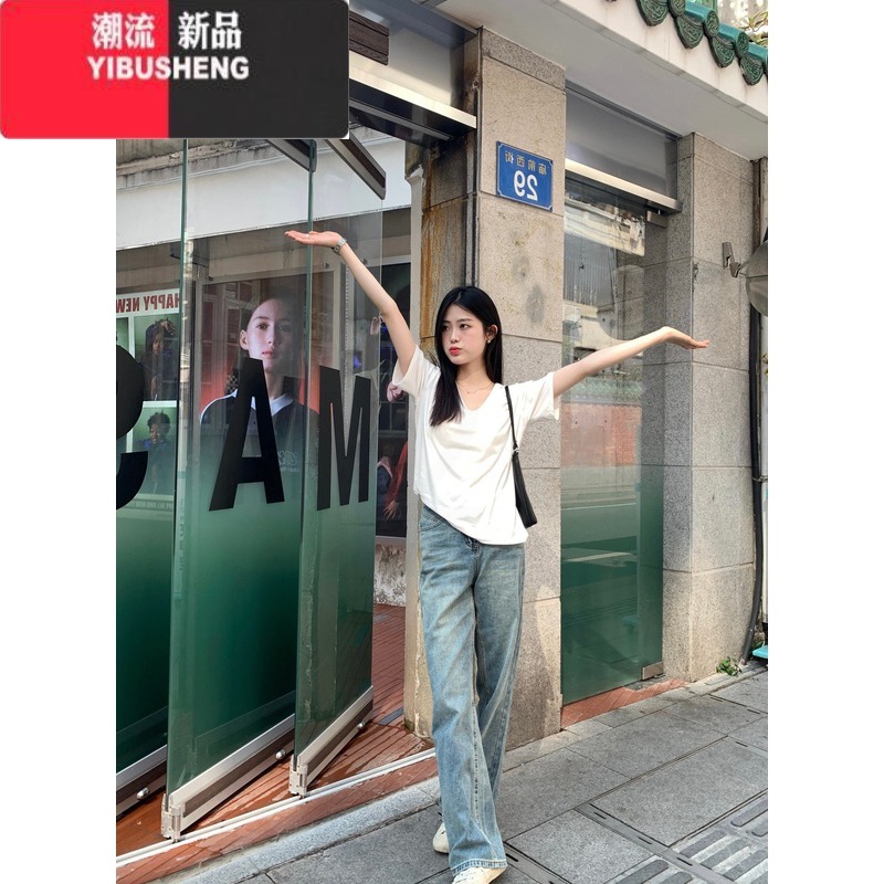 YIBUSHENG白色正肩短袖t恤女季2024年新款打底衫宽松显瘦别致V领法式上衣高清大图