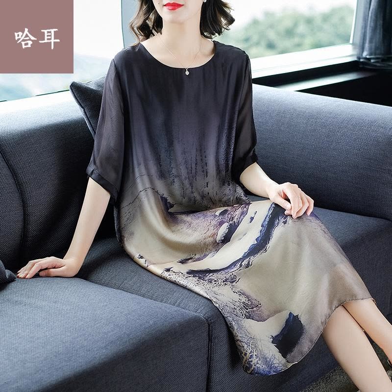 女长款连衣群香云纱连衣裙夏2019新款大码女装中年高贵妈妈装中长裙原创连衣裙 2019年秋季中老年妇女连衣裙图片
