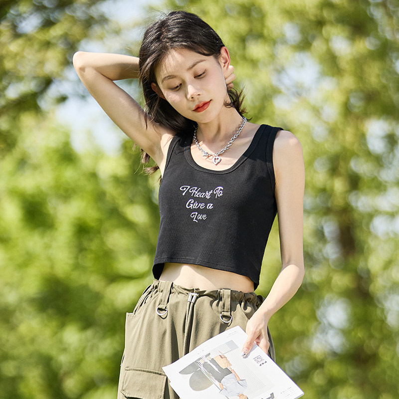 唐狮夏季新款打底背心女内搭美式针织无袖上衣辣妹外穿烫银白