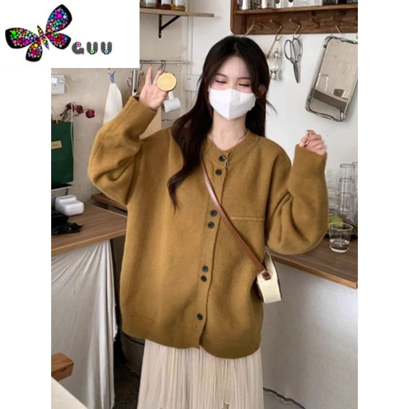 语娄灰色毛衣外套针织开衫女宽松慵懒风韩系薄款通勤款设计感上衣