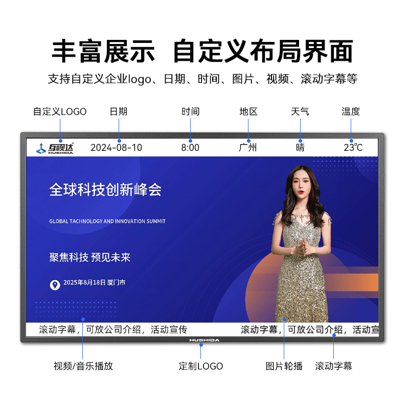 互视达(HUSHIDA)酷炫版智慧电子大屏50英寸壁挂广告机显示屏宣传屏高清led横竖屏 CW-LY-50BJ高清大图