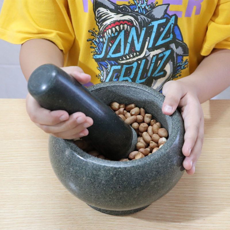 石头压蒜器家用捣蒜器厨房小工具青石石臼剥蒜器刻花中国风小石臼 最