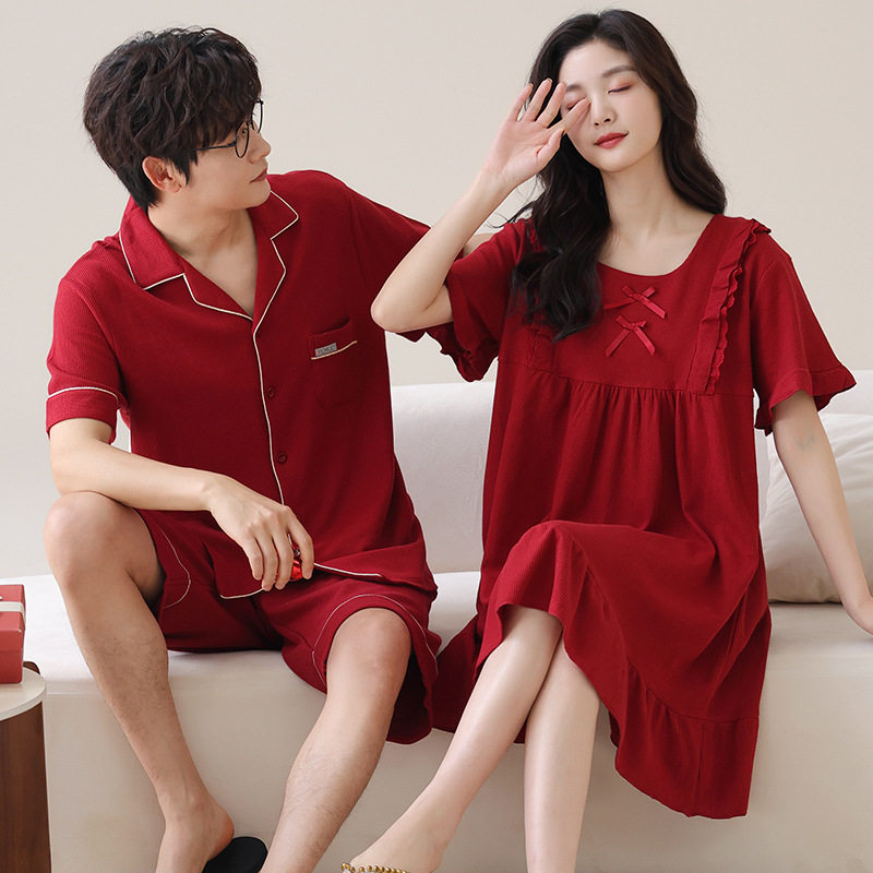 情侣睡衣女夏季仿棉短袖薄款结婚喜庆本命年大红色男士家居服套装高清大图