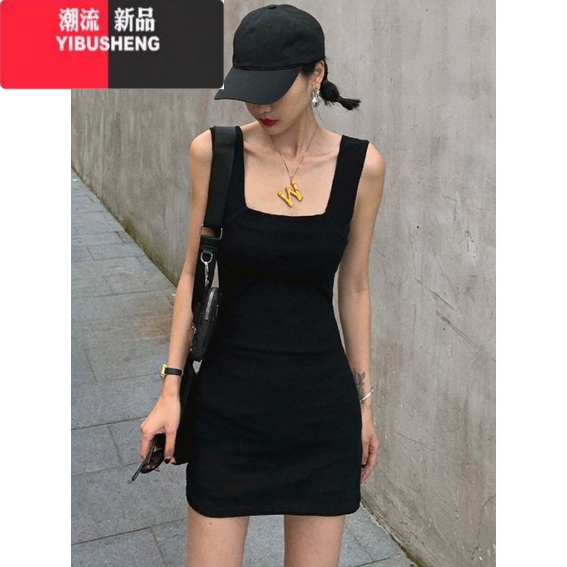 YIBUSHENG美式性感方领宽肩带弹力背心连衣裙女辣妹收腰显瘦无袖N女感显高清大图