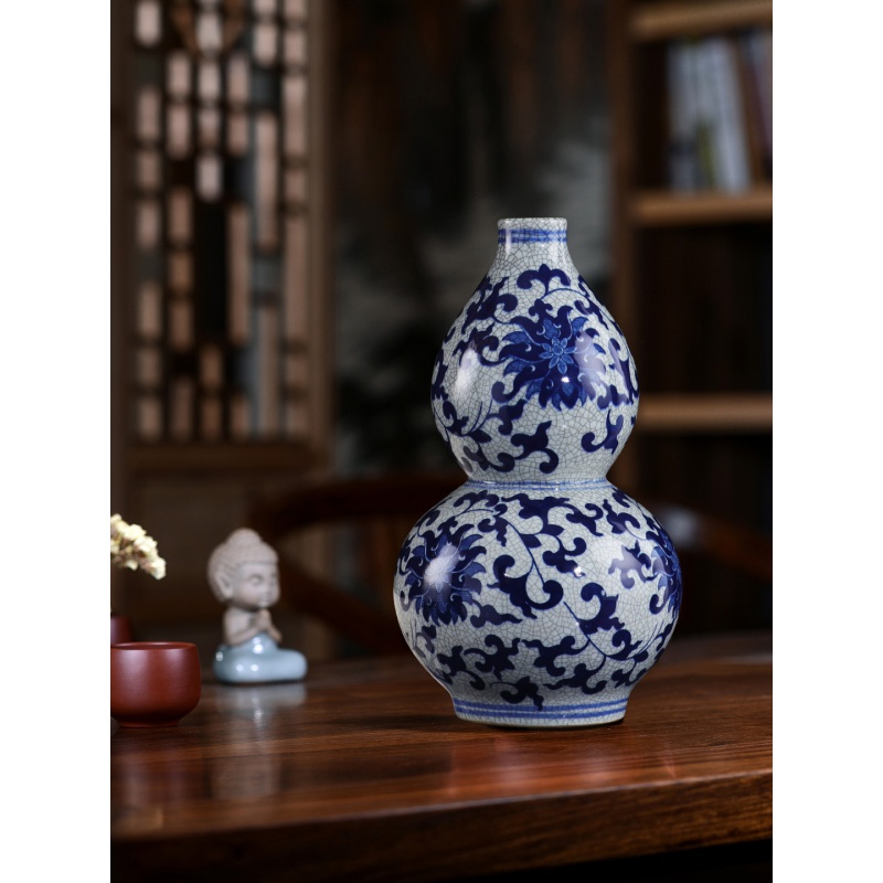 景德镇陶瓷花瓶摆件仿古官窑青花瓷花瓶裂纹釉葫芦古典家居装饰品 三维工匠 青花仿古葫芦+不转底座高清大图