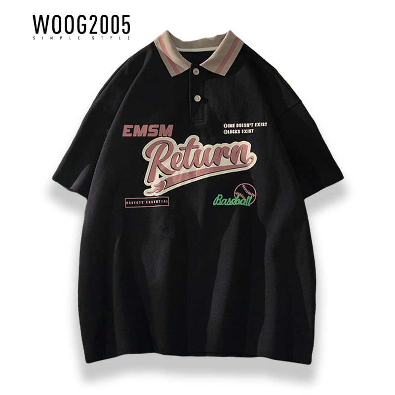 WOOG2005撞色翻领polo衫短袖男生夏季潮牌港风潮流宽松百搭t恤衫