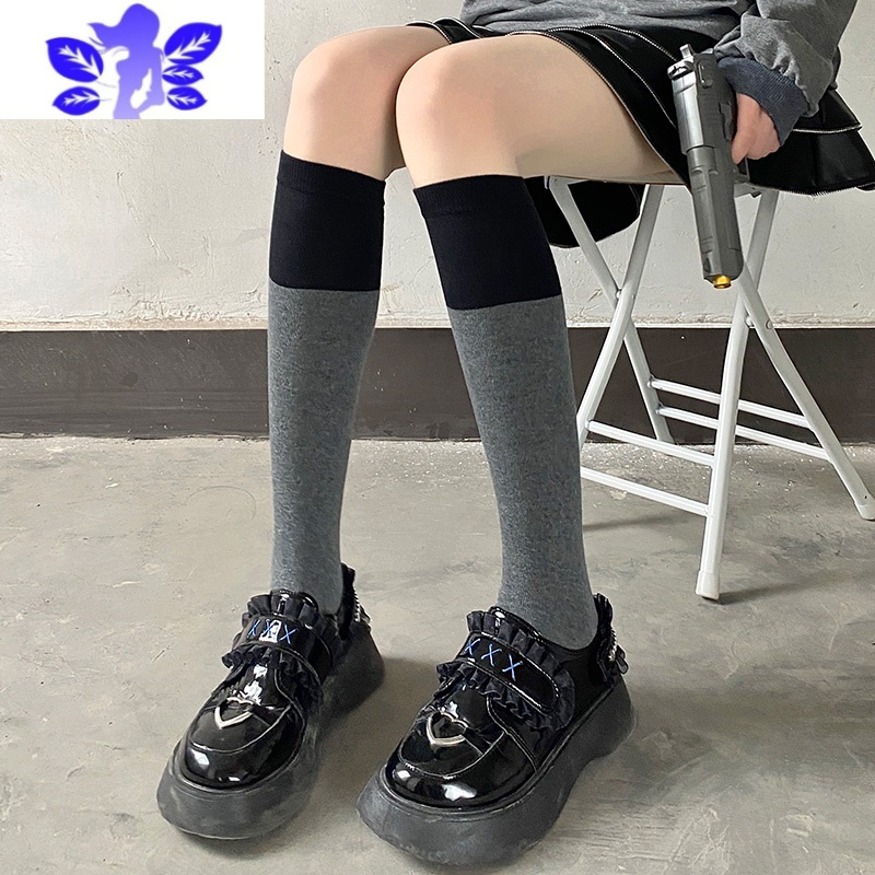 Ideamini黑灰拼接袜春秋日系拼色长筒袜子jk半腿中筒小腿袜高筒袜子
