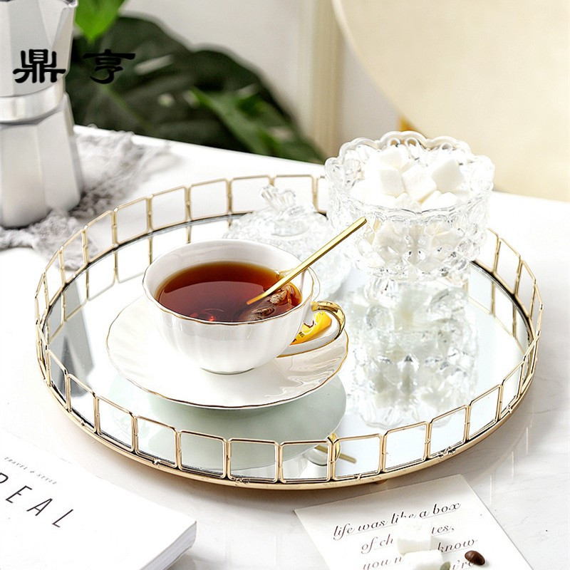 鼎亨北欧轻奢蛋糕花茶具托盘法式宫廷镜面合金化妆品首饰收纳
