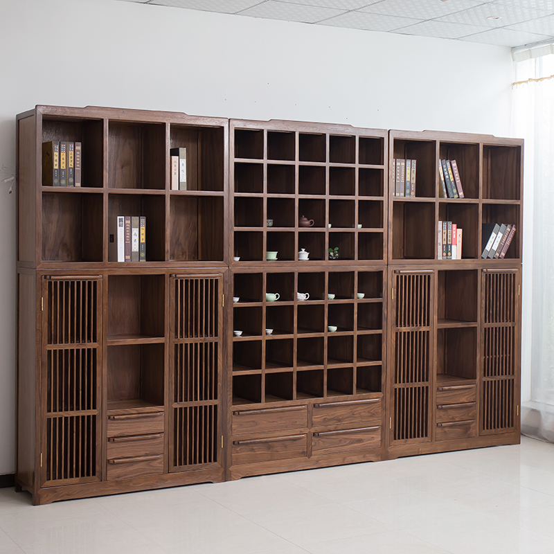 定做柜子客厅靠墙闪电客家用黑胡桃原木书柜全茶柜架 老榆木书柜单个